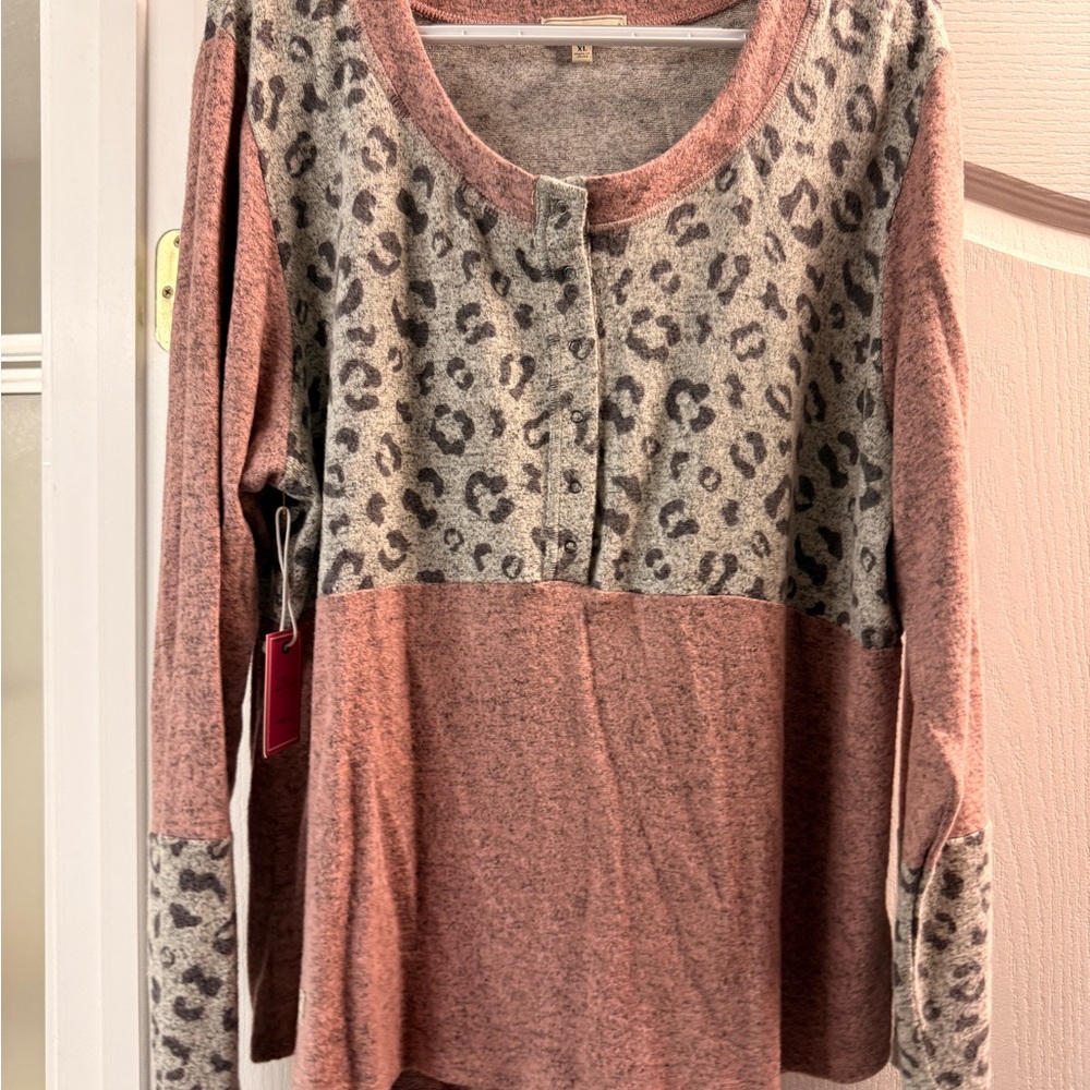 Simply Southern Pink and Gray Leopard Long Sleeve Top